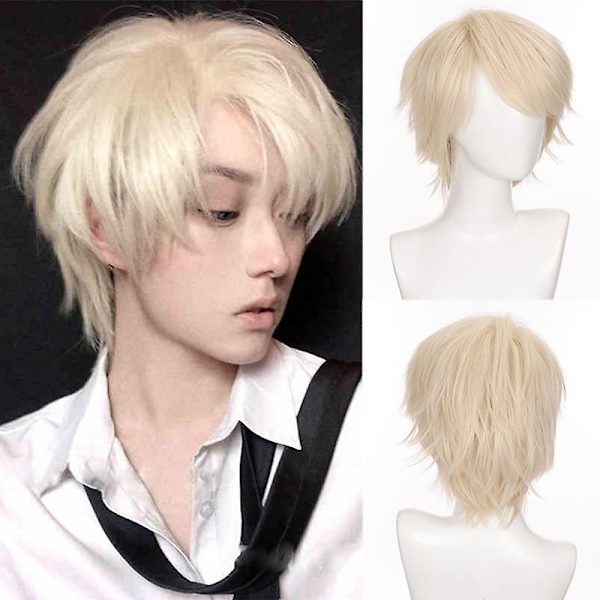 Kort lockigt manlig peruk Svart Vit Gul Halv Cosplay Animedräkt Halloween Peruk Syntetiskt hår Med lugg För Män Pojkar Dam4-27HL - Perfet
