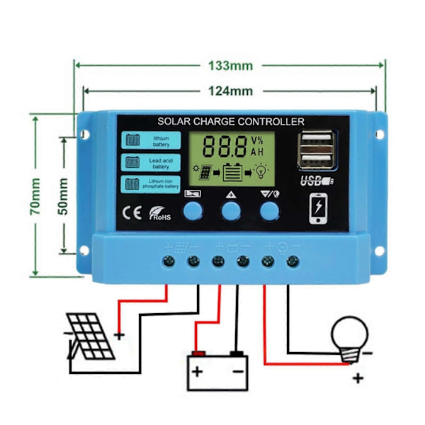2V/24V Solpanel Lithium Batteri Ladecontroller Panel Oplader Regulator ft-Perfet 10A
