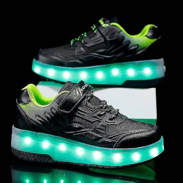 Childrens Sneakers Double Wheel Shoes Led Light Shoes Q7-yky - Perfet Black 28