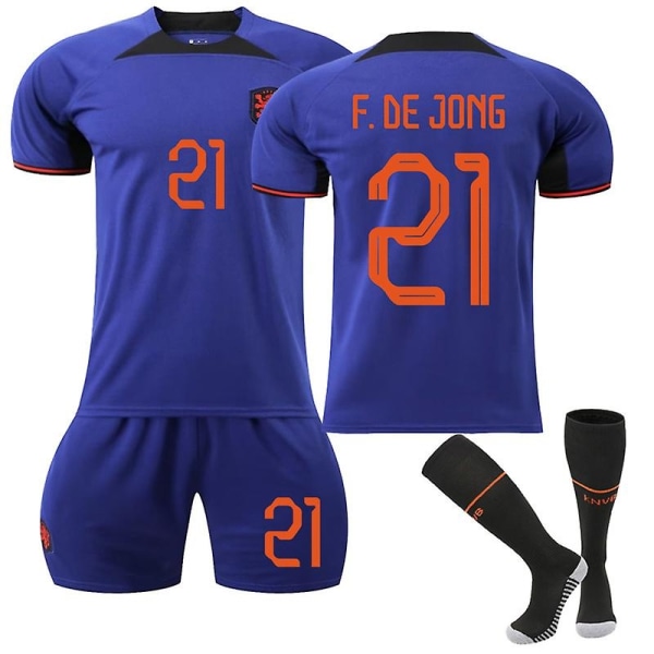 22-23 World Cup Holland Udebanetrøje Fodbold Træningsdragt - Perfet F.DE.JONG 21 Kids 26(140-150CM)