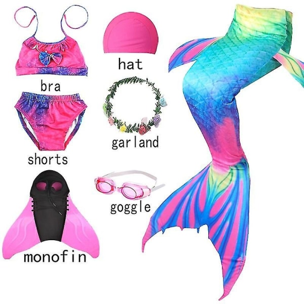 Halloween 7st/ set Barn The Little Mermaid Tail Baddräkt med Monofin Bikini Baddräkt Carnival Party Beach Badkläder - Perfet 7pcs-J1 with fin 130(height120-130cm)