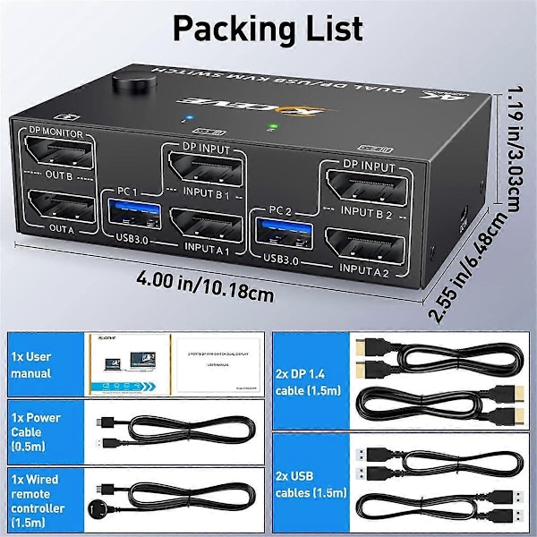 KVM-bryter med dobbel skjerm, 4 USB3.0 Kompatibel med 2 datamaskiner, 2 inn 2 ut DP 1.4 KVM-bryter - Perfet