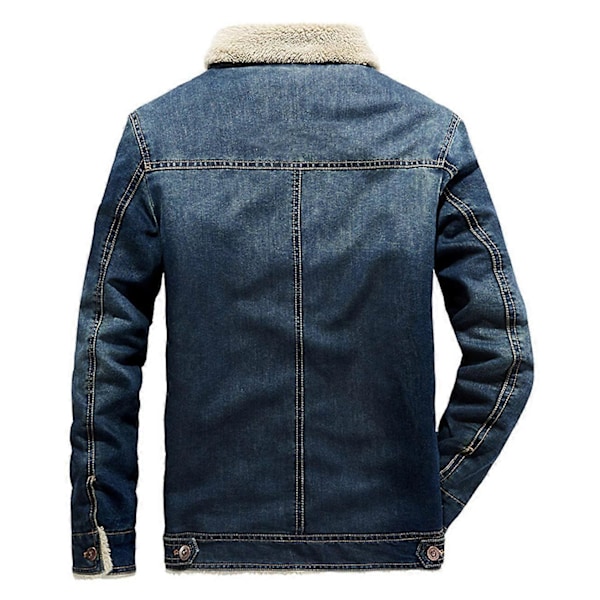 Høsten og vinteren denimjakke for menn, smal passform, fleecefôr, casual jakke, revers, tykk og varm yttertøy - Perfekt Dark Blue 2XL