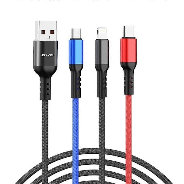 awei CL-971 3 i 1 1.2m 2.4A USB til 8 Pin + Micro USB + USB-C / Type-C Multi Opladerkabel - Perfekt