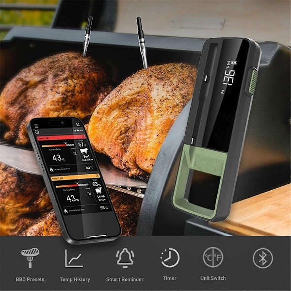 Trådlös Mat Kötttermometer Smart Digital Bluetooth BBQ Termometer för Kök Matlagning Ugn Grill-Perfet 1 Probes