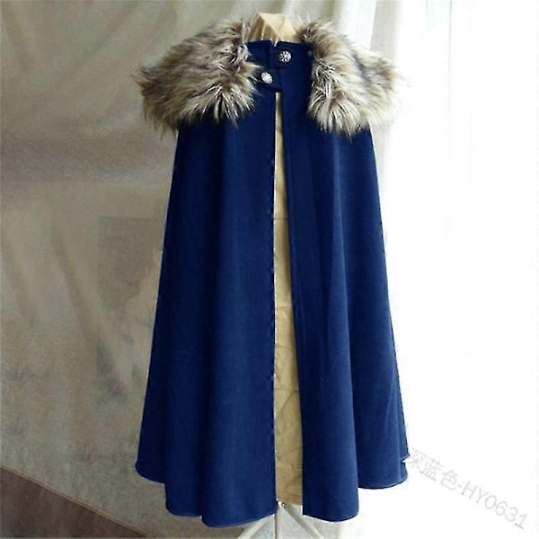 Miesten keskiaikainen pukuviitta Talvi Fur Kaulus Larp Viking Cosplay Cape Takki Korkea Laatu Gootti Naiset Cape Halloween Puku-Perfet Blue XL