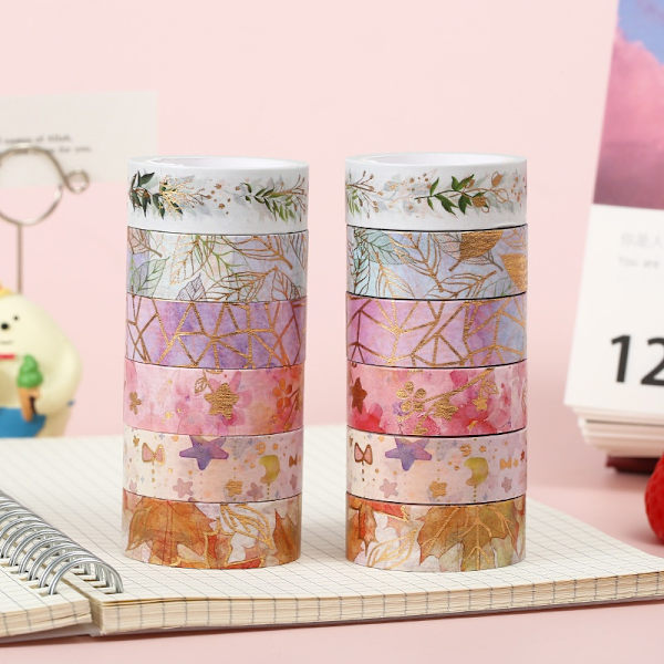 6 rullar med blommig Washi-tejp, dekorativt set i guldfolie- Perfet
