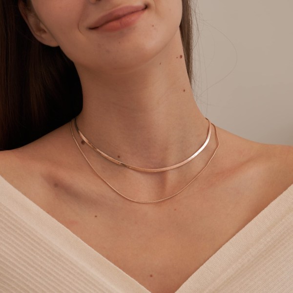 14K gull/sølvbelagt slangekjede halskjede fiskebein halskjede Gull Choker halskjede for kvinner Jenter Gaver Smykker 1,5/3/5MM(W) - Perfet