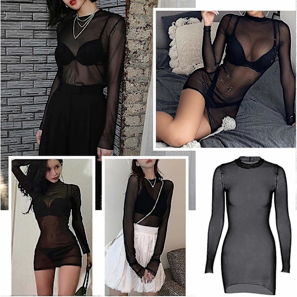 Naisten seksikäs musta minihame pitkillä hihoilla, läpinäkyvä - Täydellinen Black 4XL