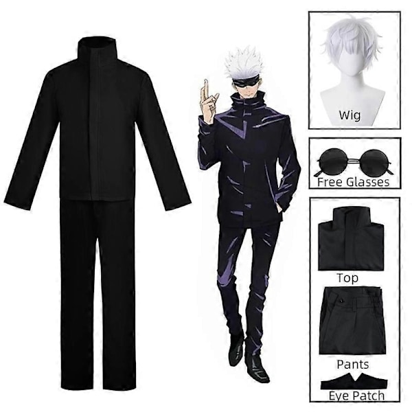 Anime Jujutsu Kaisen Gojo Satoru Cosplay-asu, Silmälappu, Peruukki, Lasit, Puku, Halloween-asu Miehille - Täydellinen Costume and wig A XXL