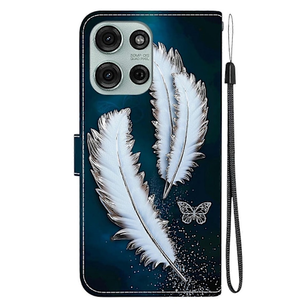 Tegnet Lærveske Kompatibel med Motorola Moto G75 5G-Perfet White Butterfly Feathers