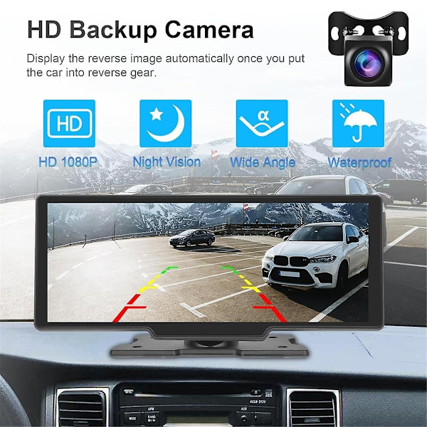 10,26 tuuman langaton CarPlay ja Android Auto -stereot AHD-varmuuskopiokameralla, kannettava autoradio Bluetooth Mirror Link-Perfet