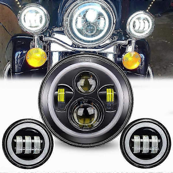 Yhteensopiva Harley Davidson Electra Glide Softail Fat Boy touring -mallien 7-tuumaisen moottoripyörän kanssa, jossa on LED-ajovalot ja 4,5-tuumaiset sumuvalot - Täydellinen no halo black set