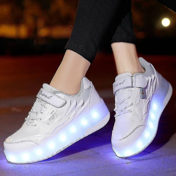 Børnesneakers Double Wheel Shoes Led Light Shoes Q7-yky - Perfet White 34