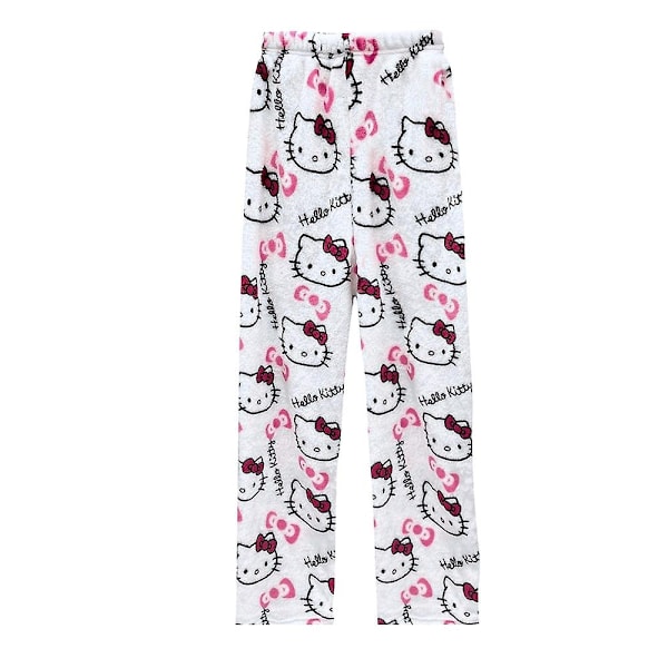 Kawaii Pyjamas til Kvinder og Piger - Tegneserie Hellokitty All Over Print Flanel Jul Anime Bløde Sovebukser - Perfekt White M