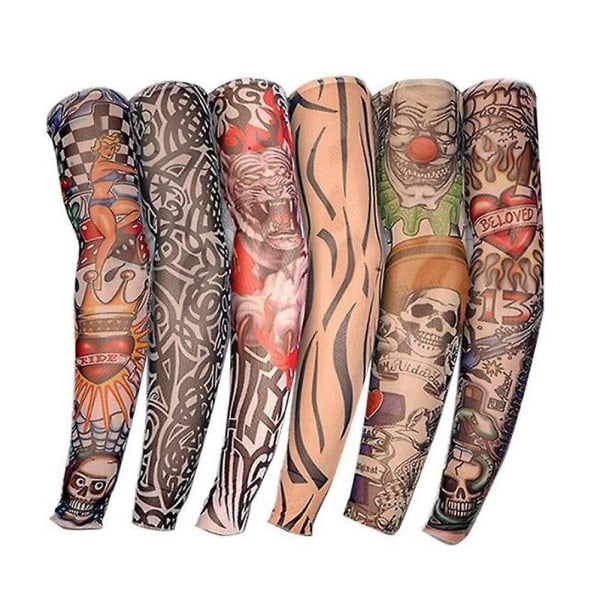 Käsivarsien tatuointihihat, 6 kpl miesten väärennetyt väliaikaiset tatuoinnit nylon käsivarsisukat Joustavat Biker-hihat Halloweeniin - Perfet