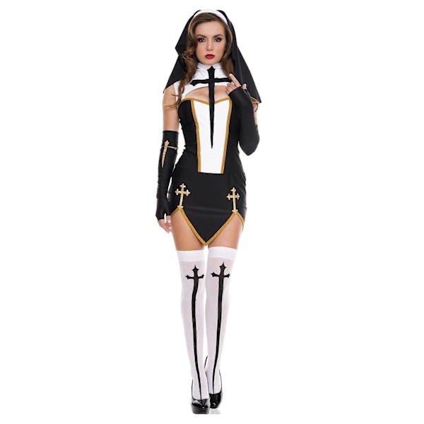 Sexy Nonne Senior Kostume Karneval Halloween Kirke Religiøs Kloster Cosplay Fancy Party Kjole-Perfet Black 3XL