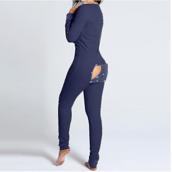 Långärmad Jumpsuit med Bakficka för Kvinnor - Onesie Pyjamas Bodycon Nattkläder Vuxna Onesies Combinaison Pyjama Femme Hög Kvalitet - Perfekt B L