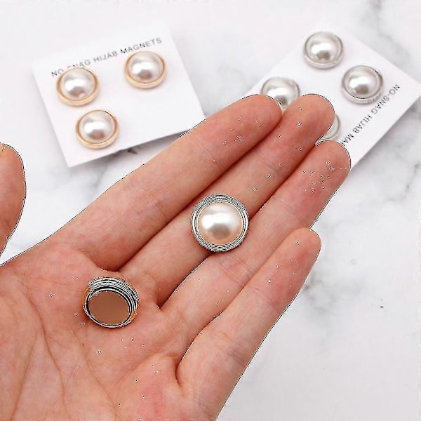 Utsökt 4-pack Vit Pärla Hijab Brosch Säkerhet Magnetisk Mode Sjal Halsduk Nålar Inga Hål-Perfekt Silver