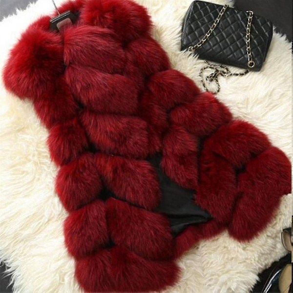 Dame Faux Fur Vest Veste Varmt Tøj Jakke - Perfet Wine Red S