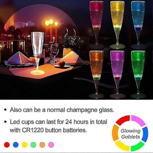6 stk. LED Vin Champagne Fløyteglass Vann Væskeaktivert Blinkende Lysende Kopper - Perfekt