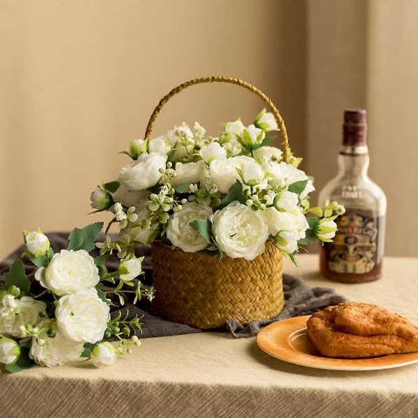 4 bunter kunstige peoner, hvite blomster, silkepeoner-Perfet