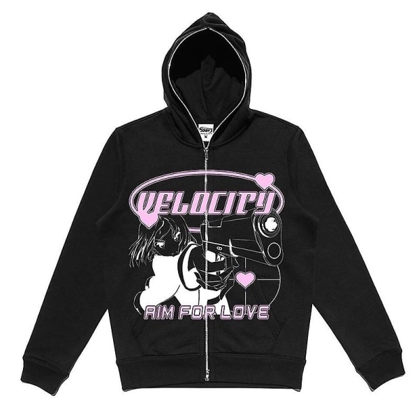 Y2k Zip Up Hoodie Anime Y2k Grafik Kvinde Goth Sweatshirt Sportswear Pullover Grunge Gothic Langærmet Oversized hættetrøjejakke - Perfet Black XL