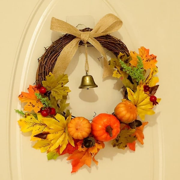 Kunstig høstkrans med høsting av lønneblader Gresskarbær dørkrans Garland Veggdekor for Halloween - Perfet