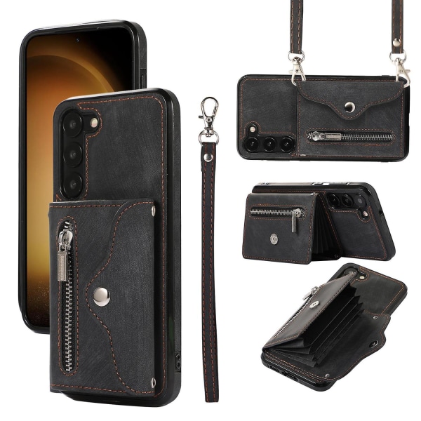 Anti-damm Pu läder+tpu phone case för Samsung Galaxy S23 Rfid blockerande case Kickstand Cover - Perfet Black