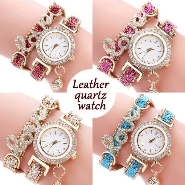 Kvinnor Armband Klockor Ladies Love Läderrem Strass Quartz Watch Rose Red