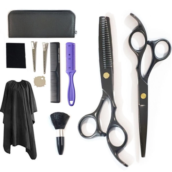 9-osainen set - kampaajasakset, ohennussakset, kampa, hiustenjakaja black