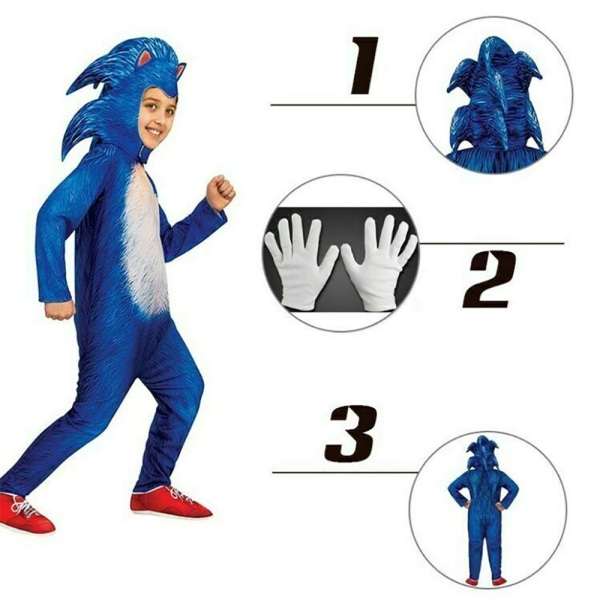 Sonic The Hedgehog Cosplay Halloween -vaatteet lapsille, pojille, tytöille - täydelliset Jumpsuit+huva+handske 9-10 år = EU 134-140