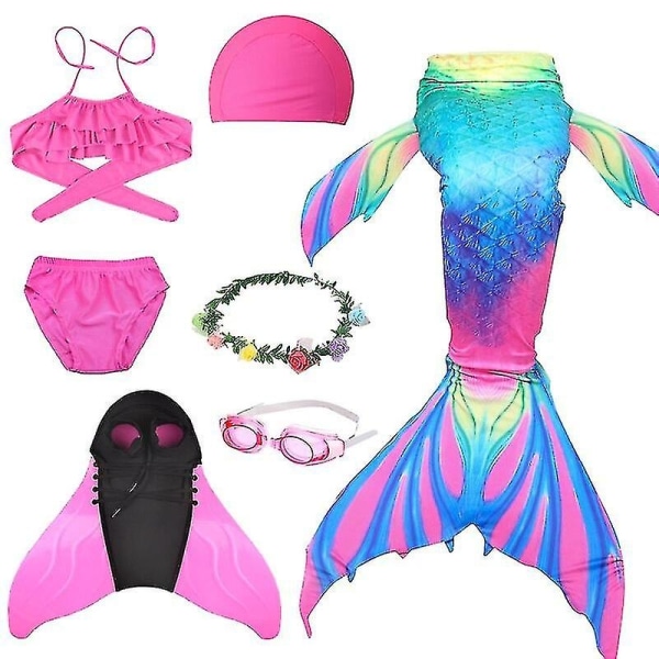 Halloween 7st/ set Barn The Little Mermaid Tail Baddräkt med Monofin Bikini Baddräkt Carnival Party Beach Badkläder - Perfet 7pcs-G with fin 150(height140-150cm)