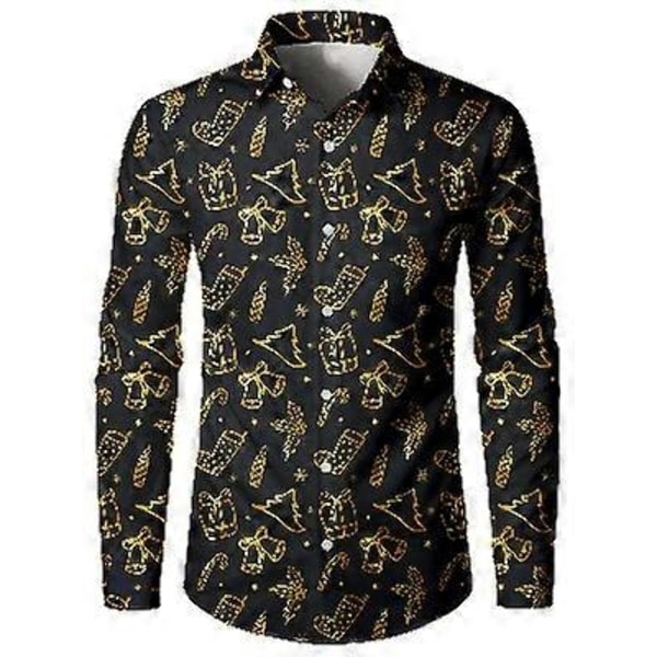 Herrar Business Casual Långärmad Skjorta Glimmande Guldträdälg Tryck Julskjorta-Perfekt black 4XL