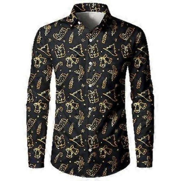 Mænds Business Casual Langærmet Skjorte Skinnende Guld Træ Elg Print Juletrøje-Perfet black 4XL