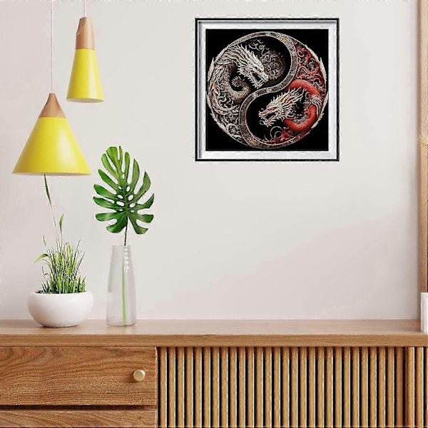 Korkealaatuinen 5D timanttimaalaussarja, Yin Yang Panda/Lohikäärme/Riikinkukko/Norsu DIY täysi pyöreä timantti, kodin seinäkoriste 30x30cm - Täydellinen C - Dragon