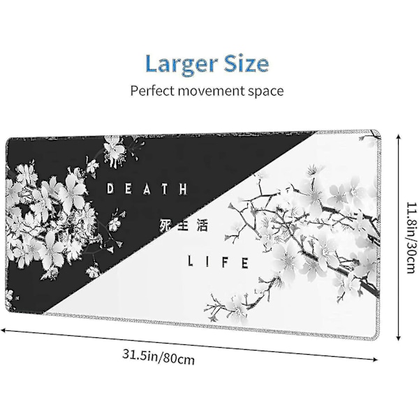 Svart Hvit Kirsebærblomst Musematte Sakura Død Liv Utvidet Skrivebordsmatte 80x30 Cm Sklisikker Gummibase Sydd Kant Stor Xl Spillmatte-Perfet A