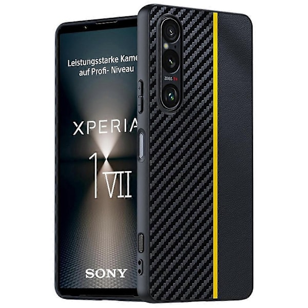 Kompatibel med Sony Xperia 1 VII Deksel Lær + PC Hardt Telefondeksel Karbonfibertekstur-Perfekt Black/ Yellow