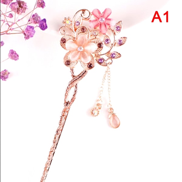 Cat Eye Stone Hair Pin Double Flower Rhinestone Hair Stick Hair - Perfet Purple A1