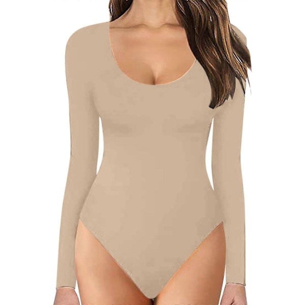 Langærmet bodysuit med rund hals, dobbeltforet for blød komfort, basic top - perfekt Khaki S