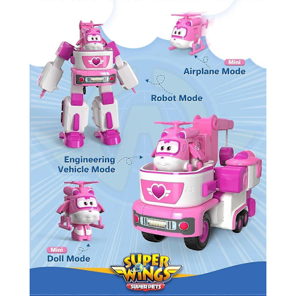 Super Wings - 7' Dizzys redningsslæb med 2' Pink Transform-a-Bot Mini Figur, Transformerende Flyvelegetøj - Perfekt