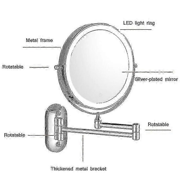 8 tum Väggmonterad Dubbelsidig Sminkspegel LED Trefärgat Ljus Badrumsspegel-Perfet Battery Models Silver Seven Times Magnification