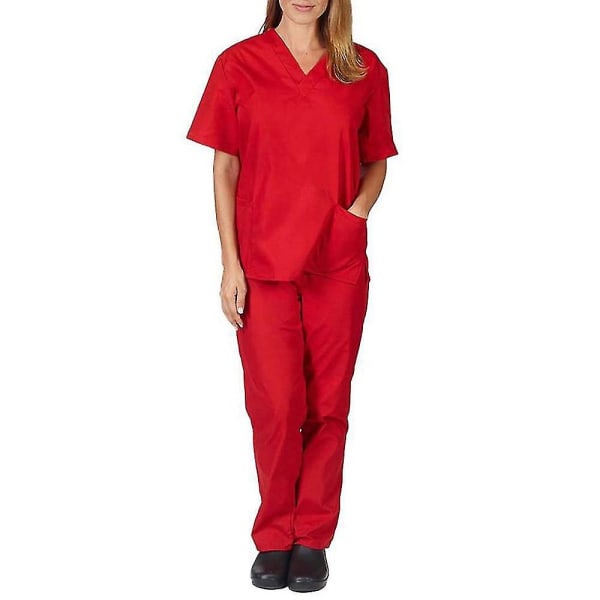 Unisex Doctor Top & Pants Scrub Set Tandläkare kostym för medicinskt bruk - Perfet Red S