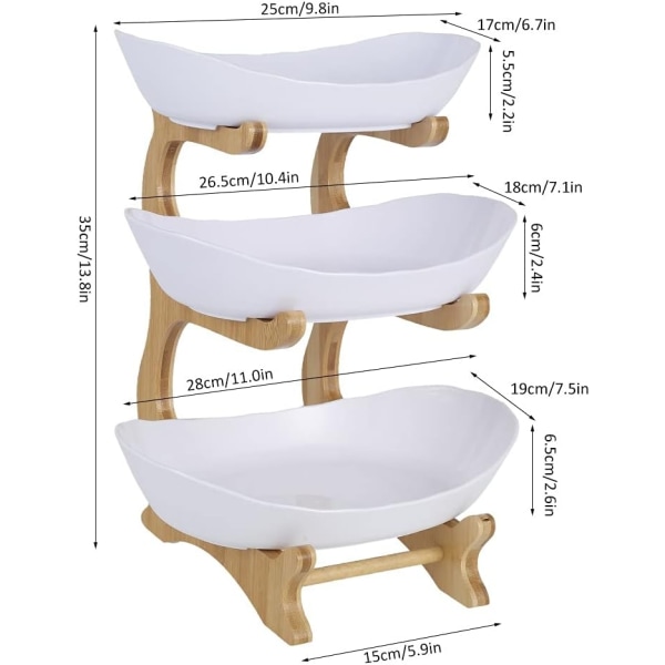 Tre-lags fruktkurv, tre-lags keramisk frukthylle, naturlig bambus frukthylle, kake, godteri 35 * 15 cm (hvit) - Perfet