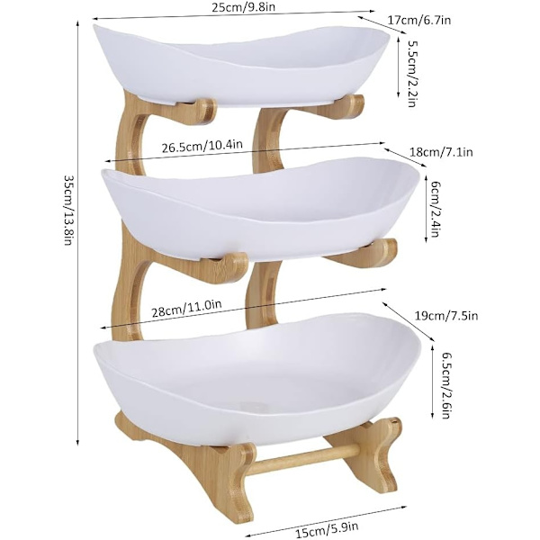 Trelagers fruktkorg, trelagers keramisk frukthylla, naturlig bambufrukthylla, tårta, godis 35 * 15cm (vit) - Perfet