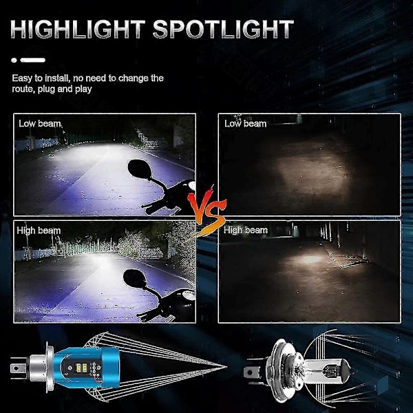 H4 Hs1 LED Motorcykelstrålkastarlampa med Blå Ängelöga 9003 Hs1 Hög/Låg LED Strålkastare 12v 2600lm H4 Halogenlampa Ersättning Vit 6000k-Perfekt