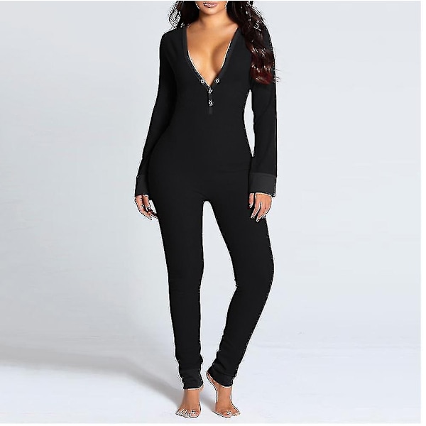 Långärmad Jumpsuit med Bakficka för Kvinnor - Onesie Pyjamas Bodycon Nattkläder Vuxna Onesies Combinaison Pyjama Femme Hög Kvalitet - Perfekt C Xxxl