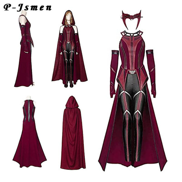 P-jsmen Nainen Wanda Maximoff Cosplay-asu Scarlet Witch Päähineet Takki ja housut Täysi set asu Halloween Asusteet Rekvisiitta - Perfet M Wanda