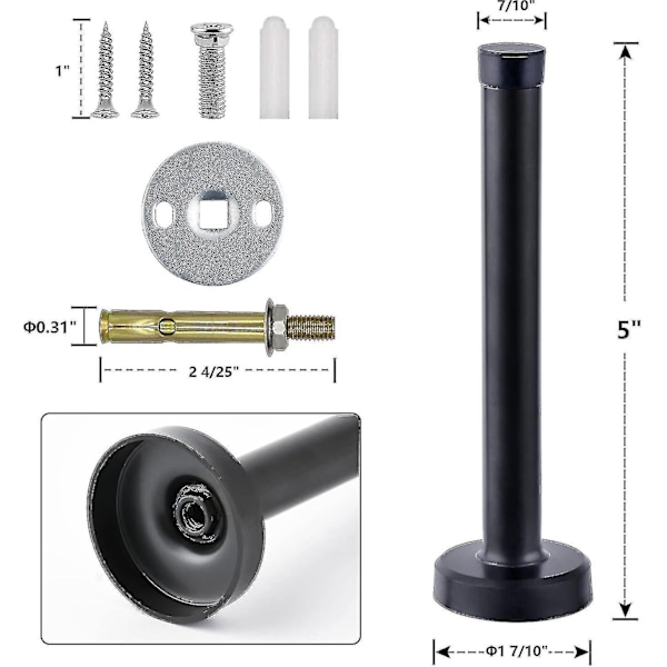 Dørstoppere, 6 tommer lang dørstopper, veggmontering, kraftig solid svart dørstopper børstet rustfritt stål med myke gummistøtfangertupper-Perfet black 5 Inch*2 0