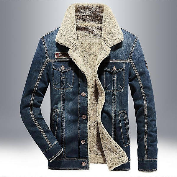 HERR Vinter Denimjacka Slim Fit Fleece Casual Kavaj Lapel Tjock Varm Ytterplagg-Perfet Dark Blue M